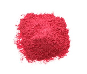 Pile of red powder isolated on white, top view. Holi festival celebration