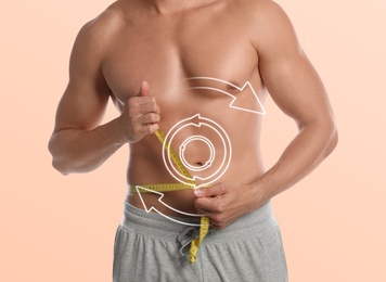 Image of Metabolism concept. Man with perfect body on light background, closeup