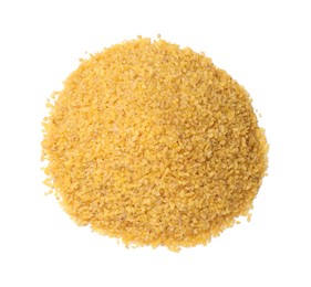 Pile of raw bulgur isolated on white, top view