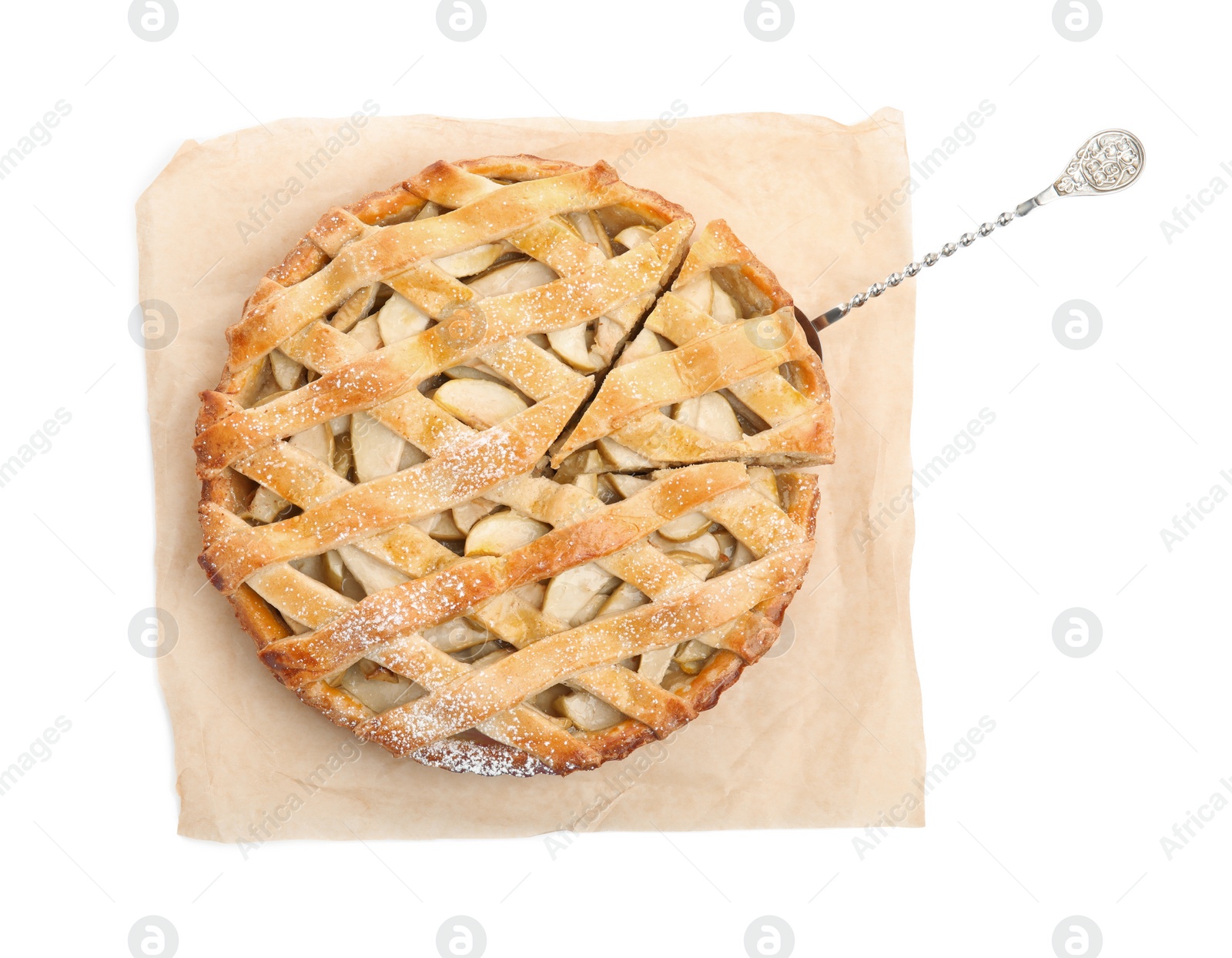 Photo of Delicious traditional apple pie isolated on white, top view