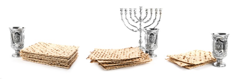 Image of Set with Passover matzos, wine and menorah on white background, banner design. Pesach celebration