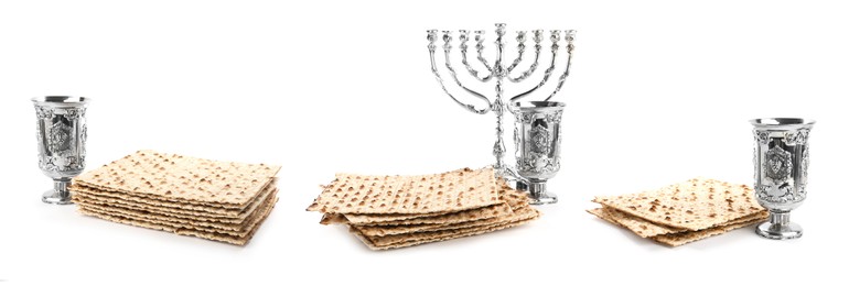 Set with Passover matzos, wine and menorah on white background, banner design. Pesach celebration