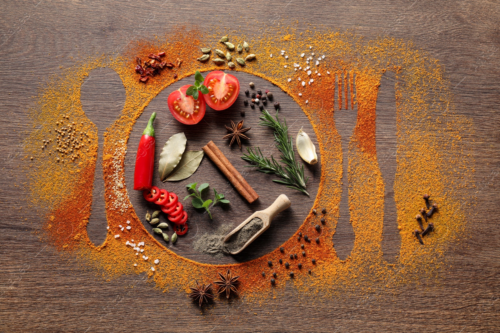 Photo of Silhouettes of plate with cutlery made with spices and different ingredients on wooden table, flat lay