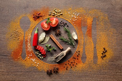 Silhouettes of plate with cutlery made with spices and different ingredients on wooden table, flat lay