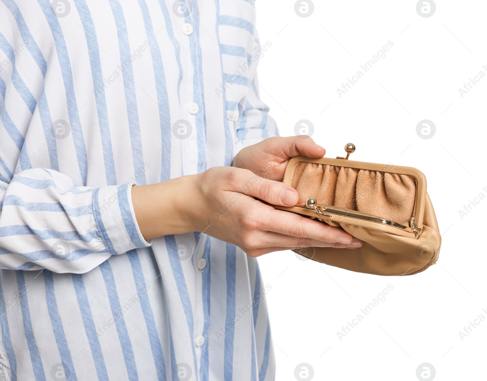 Photo of Woman with empty wallet on white background, closeup