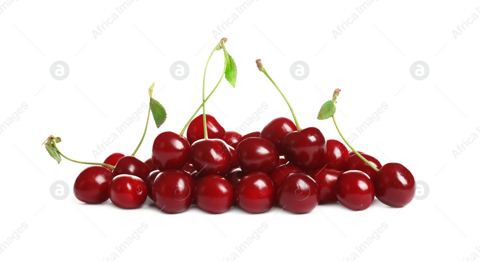 Photo of Pile of delicious ripe sweet cherries on white background