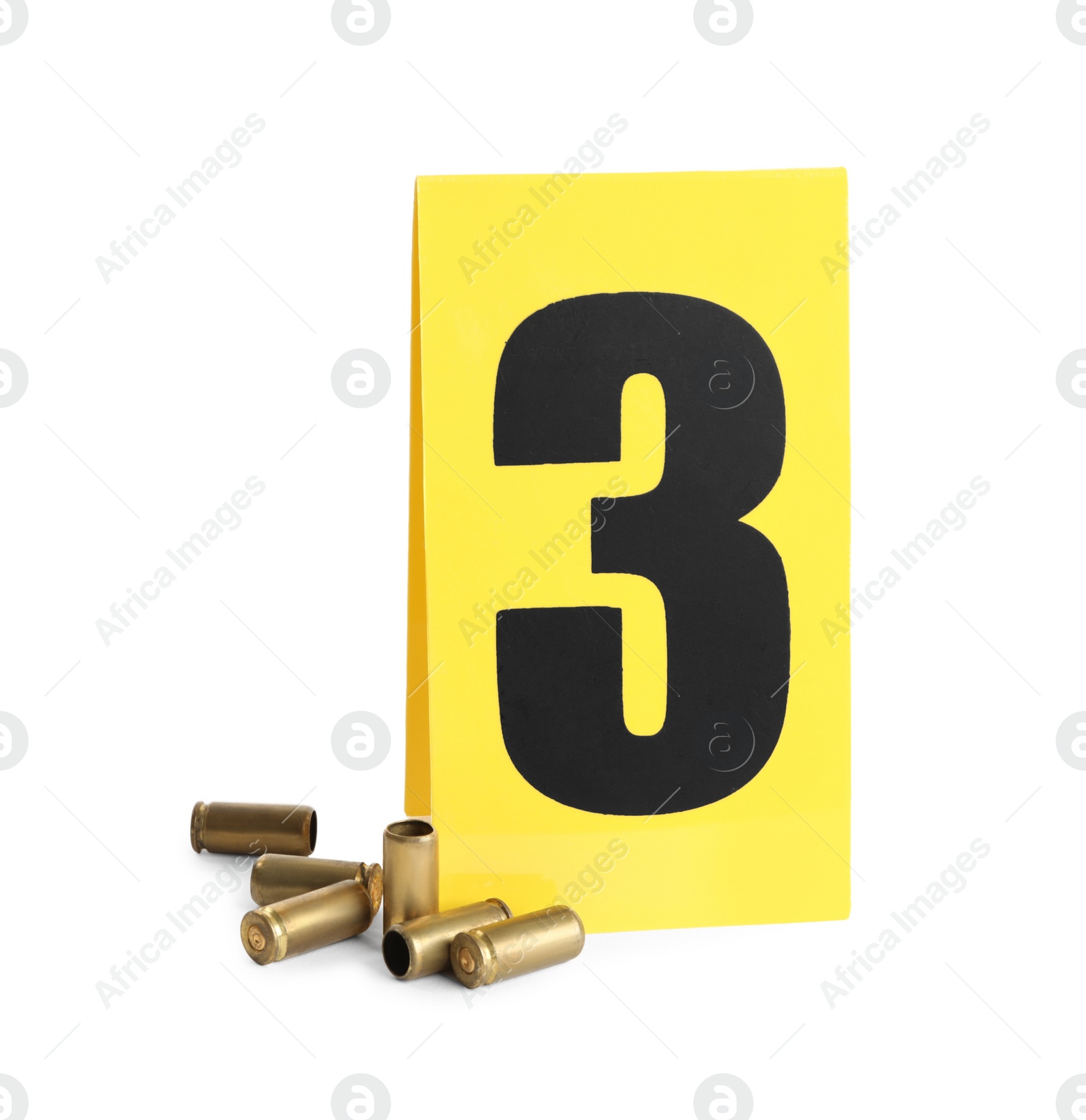 Photo of Shell casings and crime scene marker with number three isolated on white