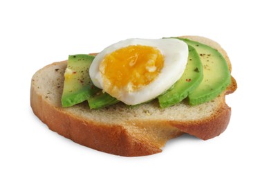 Photo of Delicious sandwich with boiled egg and pieces of avocado isolated on white