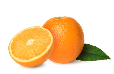 Image of Tasty fresh ripe oranges on white background