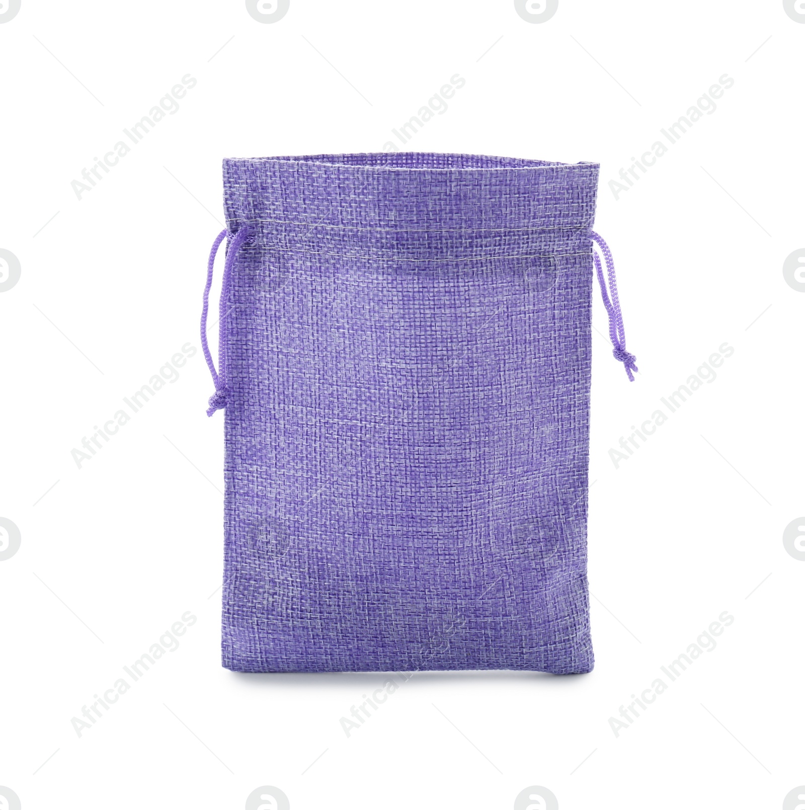 Photo of One violet burlap bag isolated on white