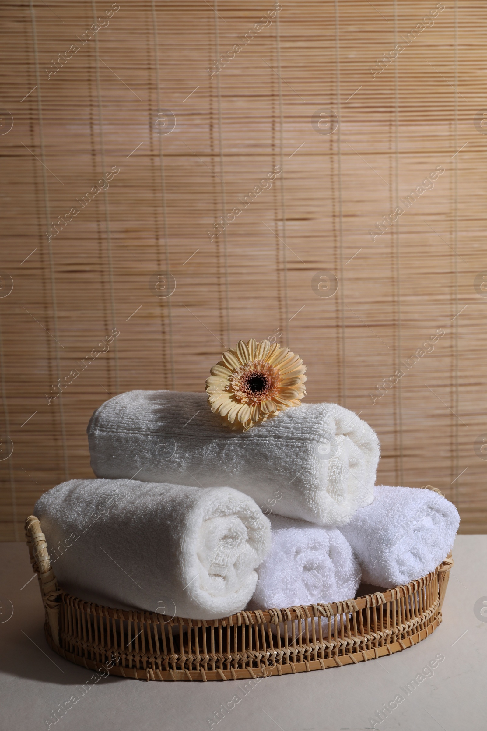 Photo of Rolled terry towels and flower on white table indoors, space for text