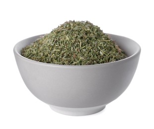 Photo of Bowl with dried thyme isolated on white