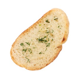 Photo of Piece of tasty baguette with dill isolated on white, top view