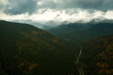Aerial view of beautiful forest and road in mountain on autumn day