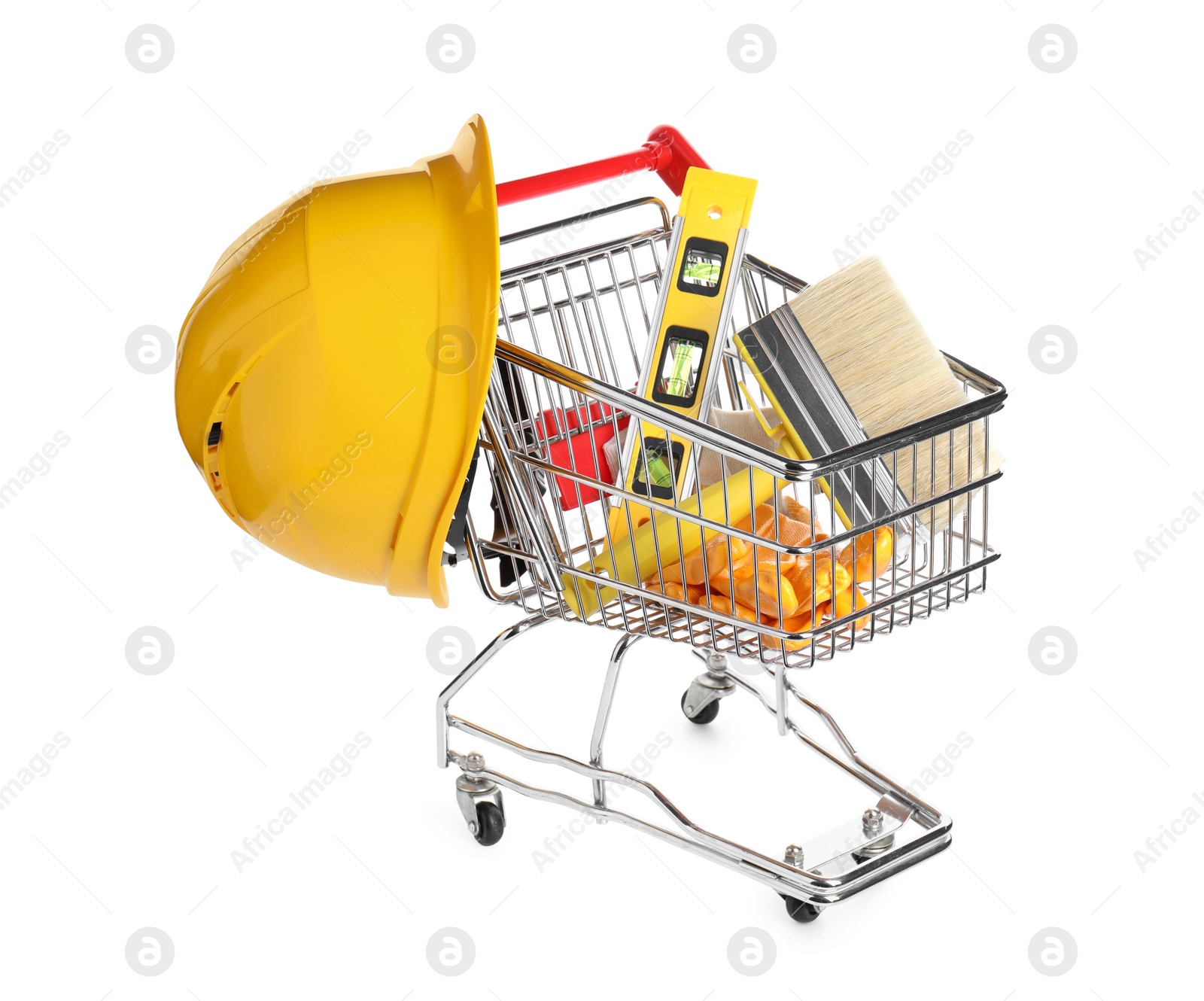 Photo of Small shopping cart with construction level, brush, gloves and hard hat isolated on white