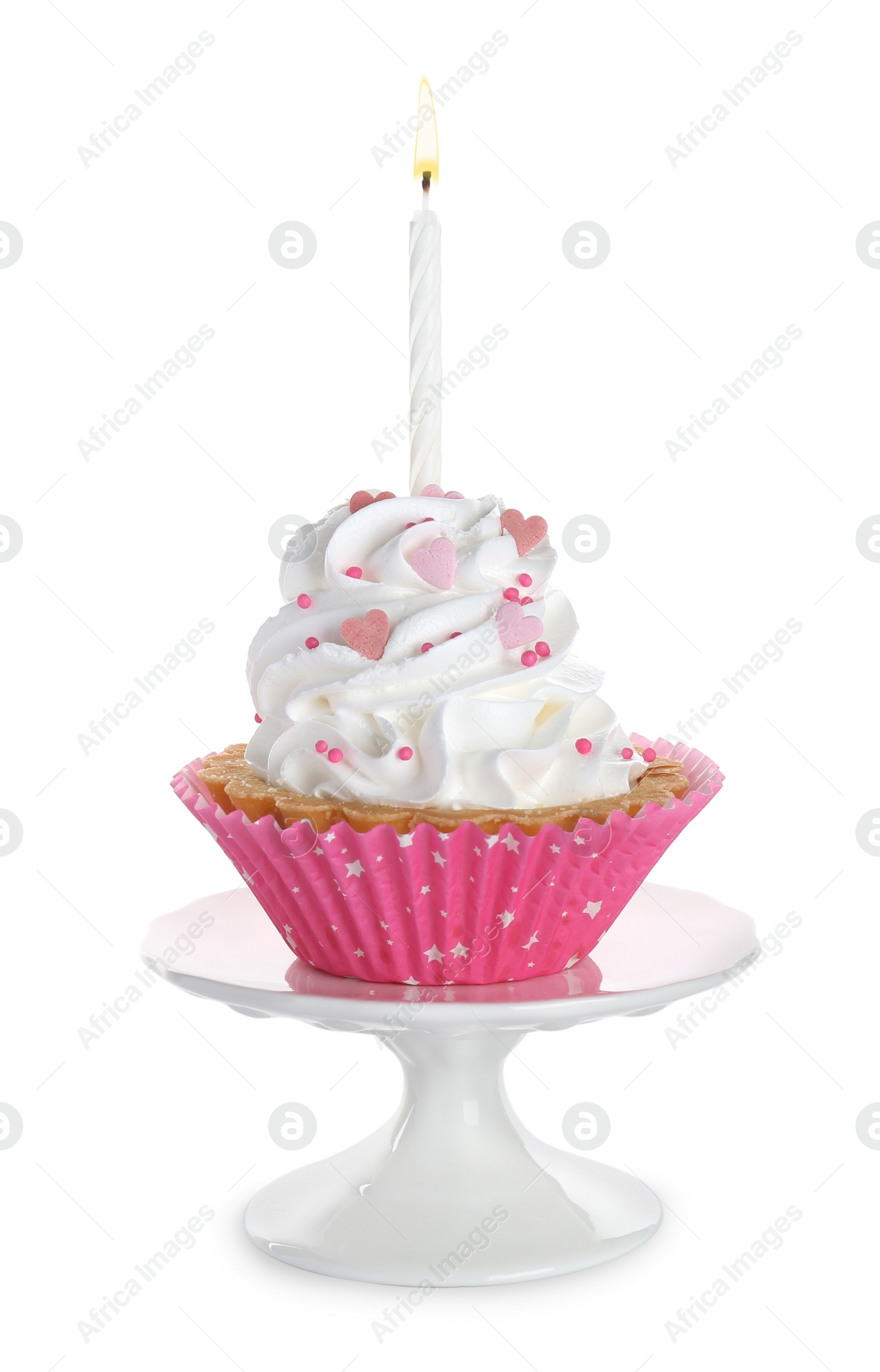 Photo of Delicious cupcake with candle on white background