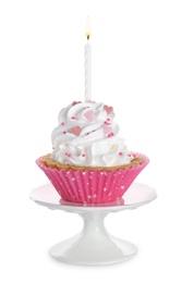 Photo of Delicious cupcake with candle on white background