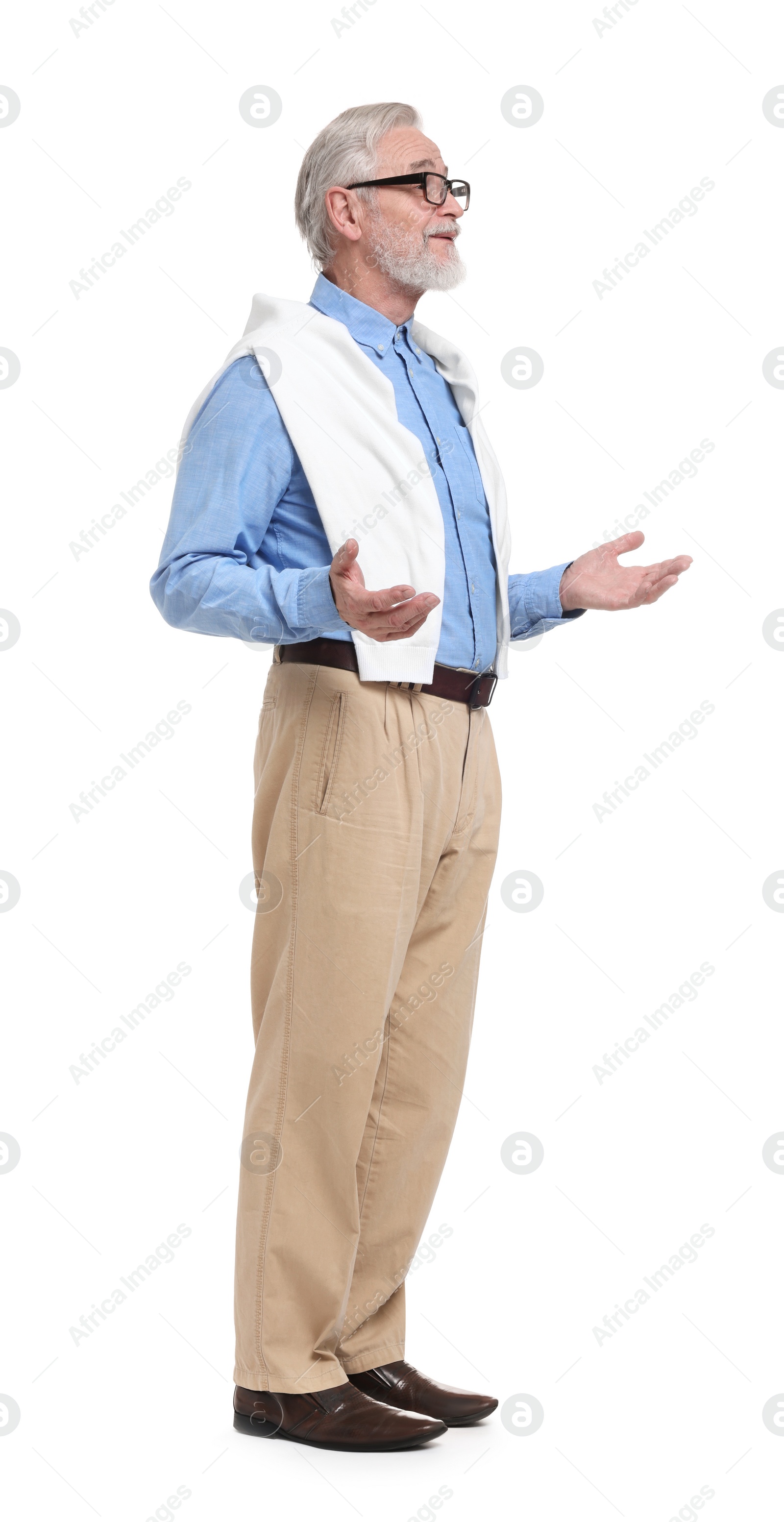 Photo of Senior man greeting someone on white background