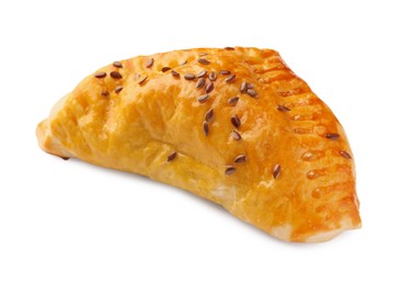Fresh delicious puff pastry with cheese on white background
