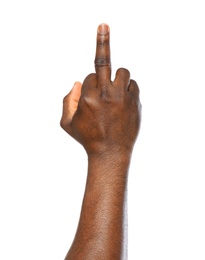 Photo of African-American man showing middle finger on white background, closeup
