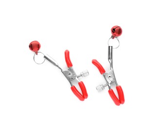 Photo of Nipple clamps on white background, top view. Sex toy