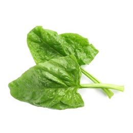 Photo of Fresh leaves of spinach isolated on white, top view