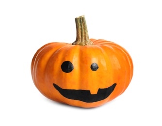 Photo of Halloween pumpkin with cute drawn face isolated on white