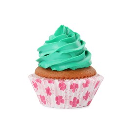 Photo of Delicious cupcake with turquoise cream isolated on white