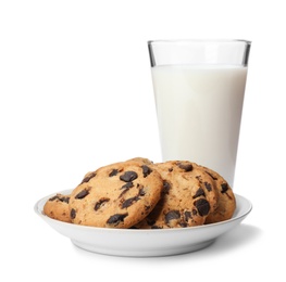 Photo of Plate with chocolate chip cookies and glass of milk on white background