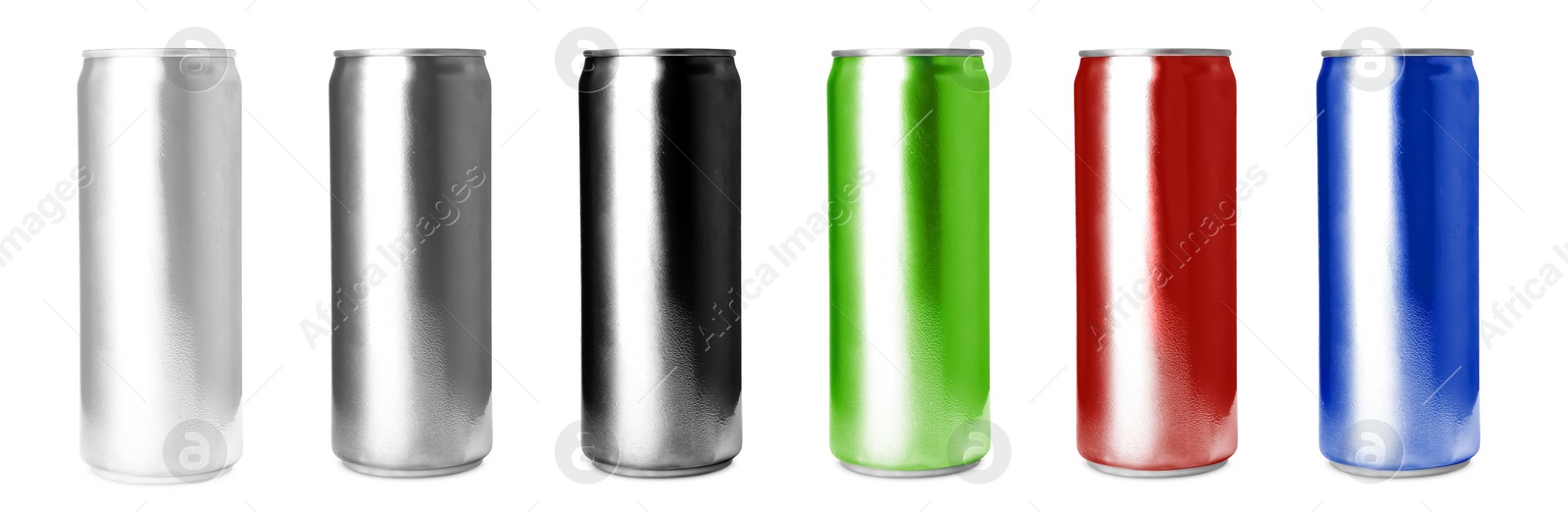 Image of Set with aluminium drink cans in different colors on white background. Banner design