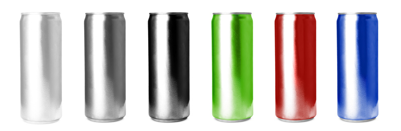 Image of Set with aluminium drink cans in different colors on white background. Banner design