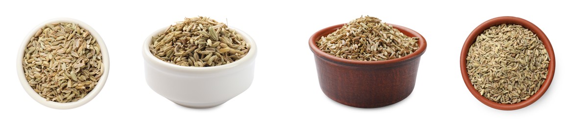 Image of Fennel seeds in bowls isolated on white, top and side views