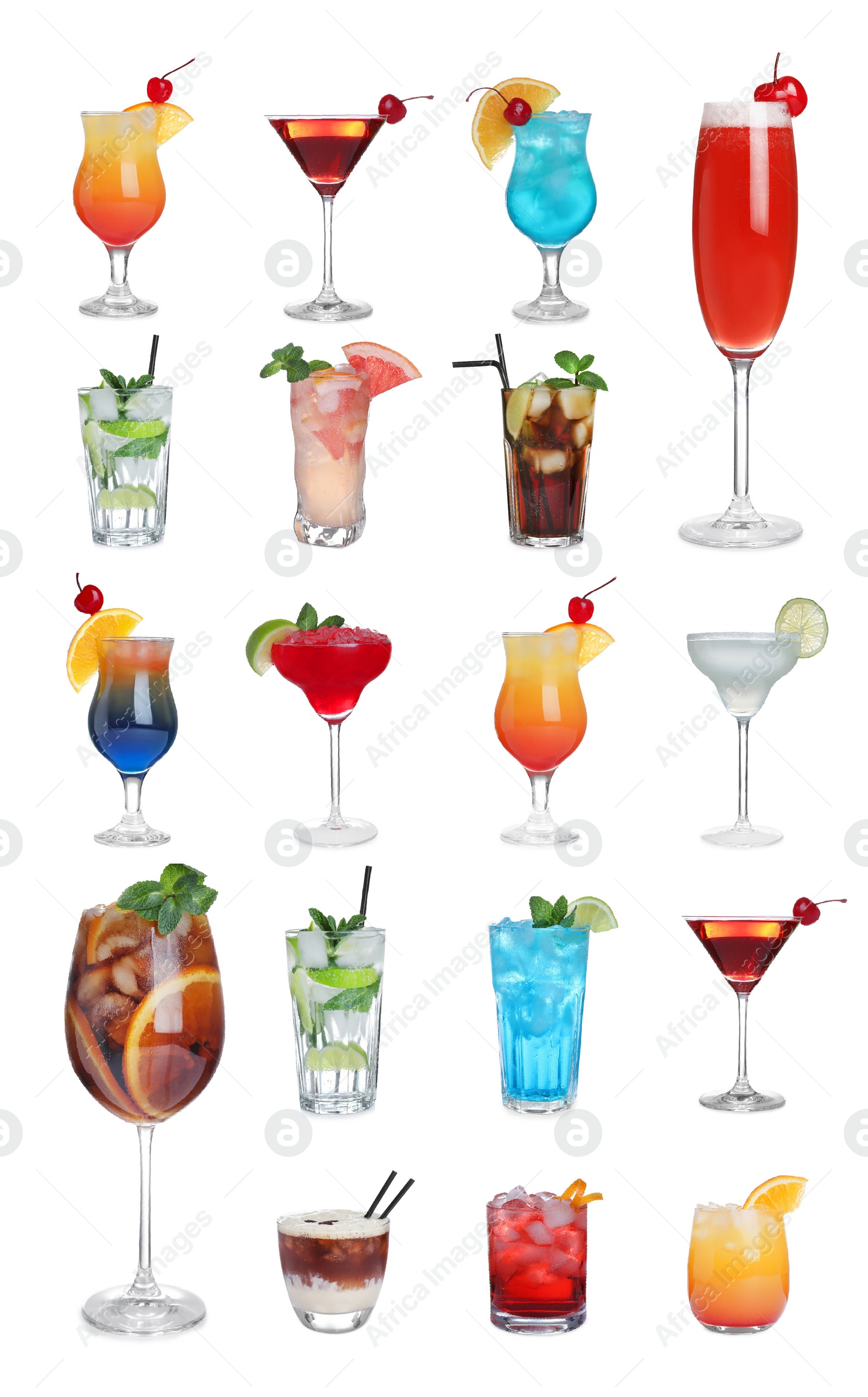 Image of Set of tasty alcoholic cocktails on white background