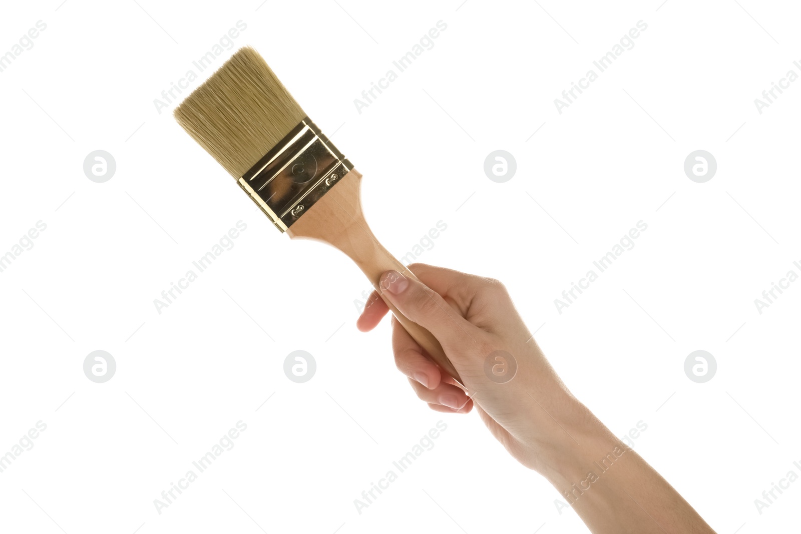 Photo of Woman holding paint brush on white background, closeup