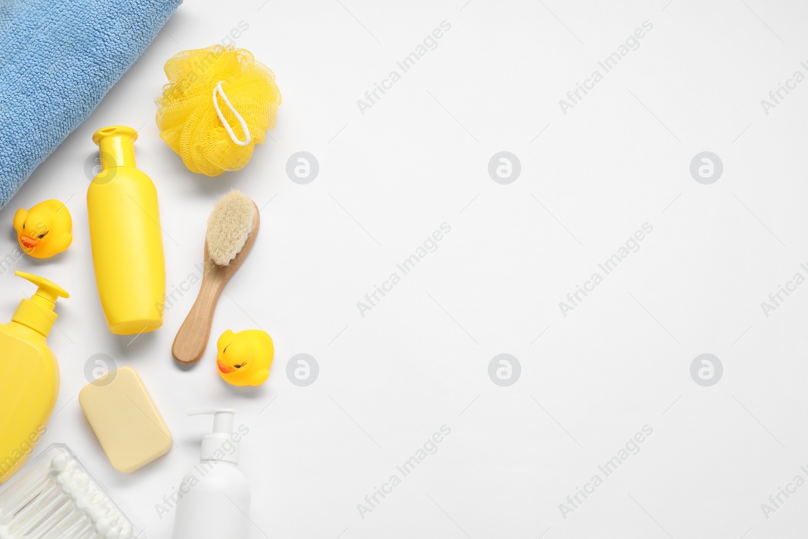 Photo of Baby bath accessories and care products on white background, flat lay. Space for text