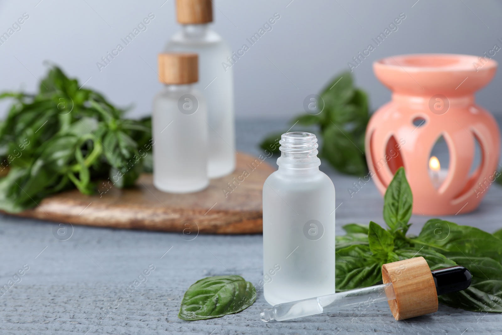 Photo of Bottles of basil essential oil and fresh leaves on grey wooden table. Space for text