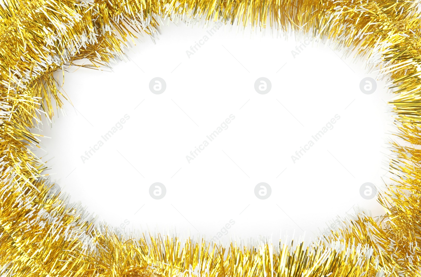 Image of Frame made of shiny golden tinsels on white background, top view. Space for text