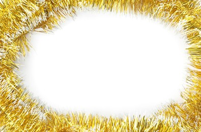 Frame made of shiny golden tinsels on white background, top view. Space for text