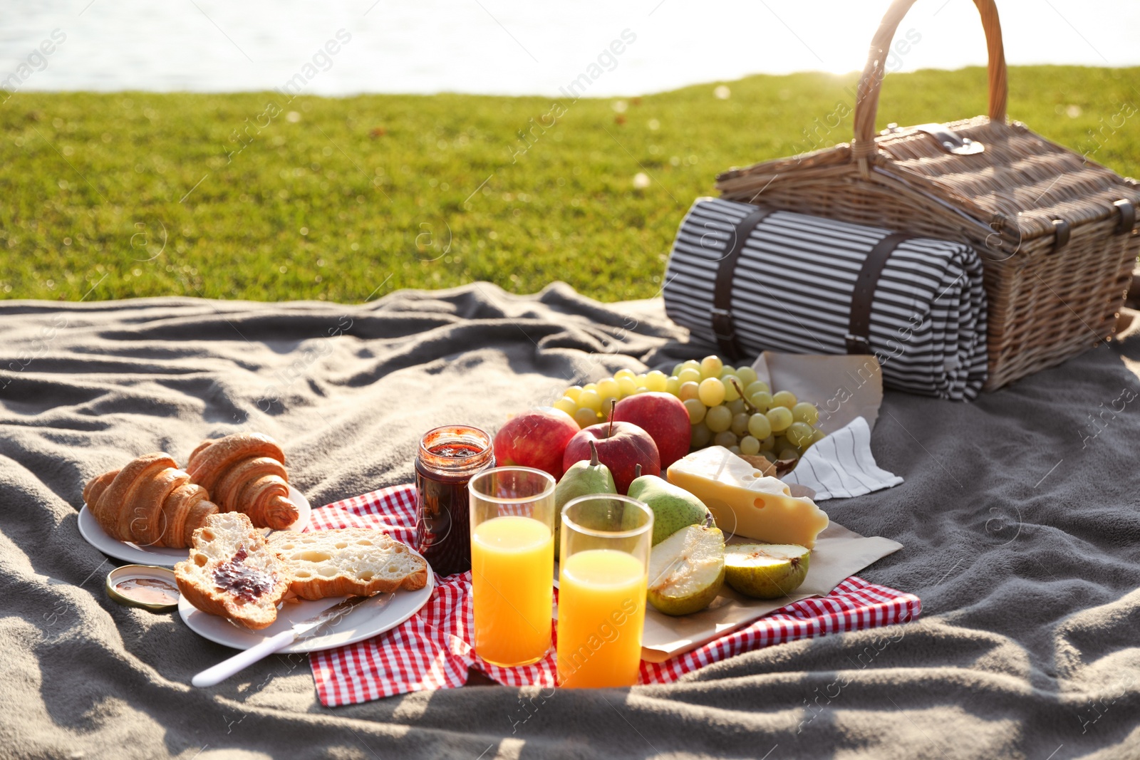 Photo of Picnic blanket with delicious food and juice outdoors on sunny day