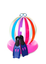 Photo of Inflatable ring and beach accessories on white background. Summer holidays