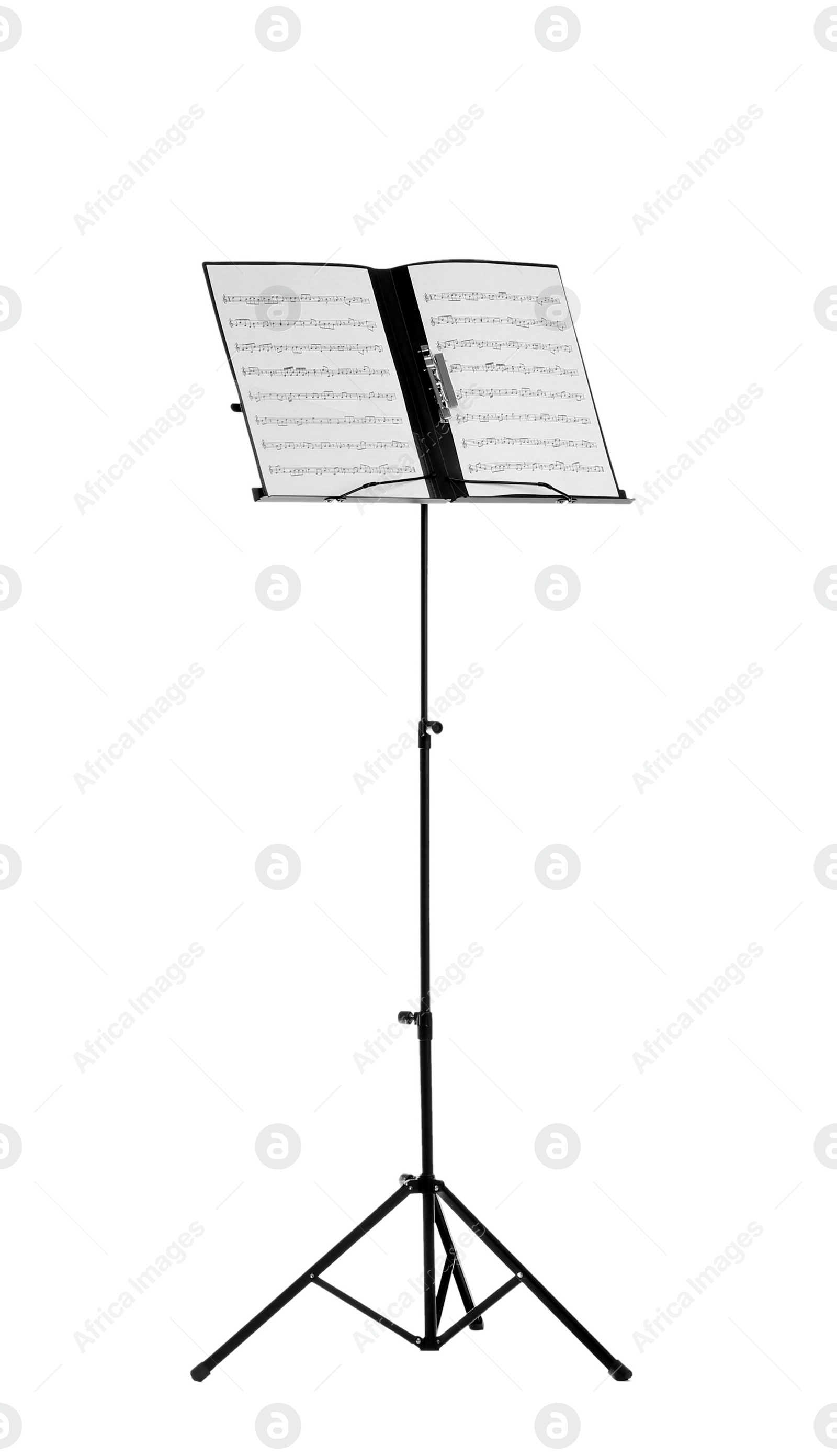 Photo of Note stand with music sheets on white background
