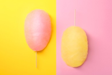 Photo of Sweet cotton candies on color background, flat lay