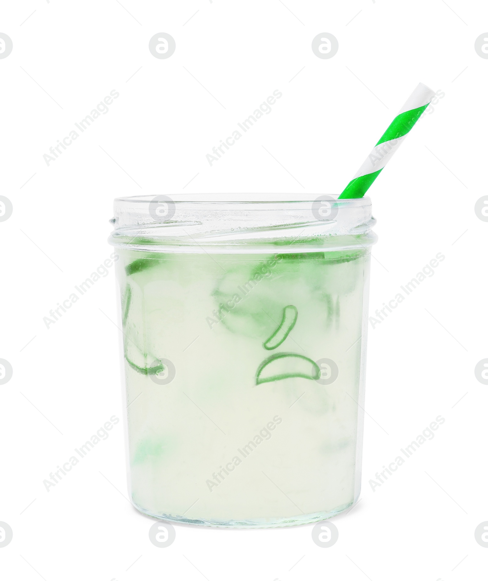 Photo of Fresh aloe juice in jar with straw and leaves isolated on white