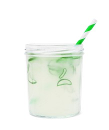 Photo of Fresh aloe juice in jar with straw and leaves isolated on white