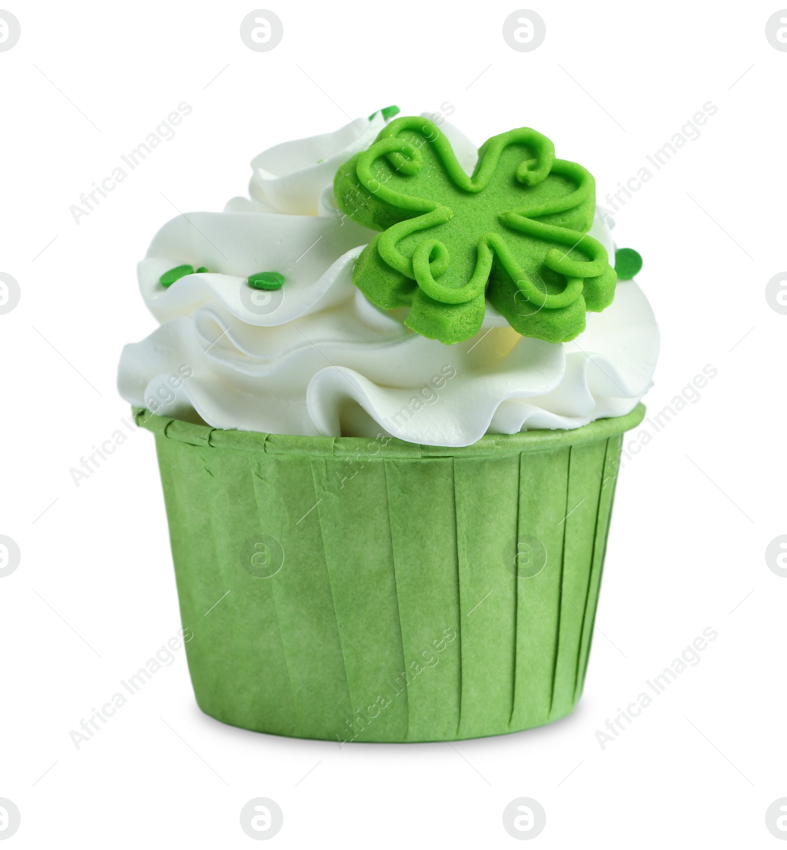 Photo of St. Patrick's day party. Tasty cupcake with green clover leaf topper and sprinkles isolated on white