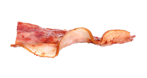 Photo of Crispy fried bacon strip isolated on white. Sandwich ingredient