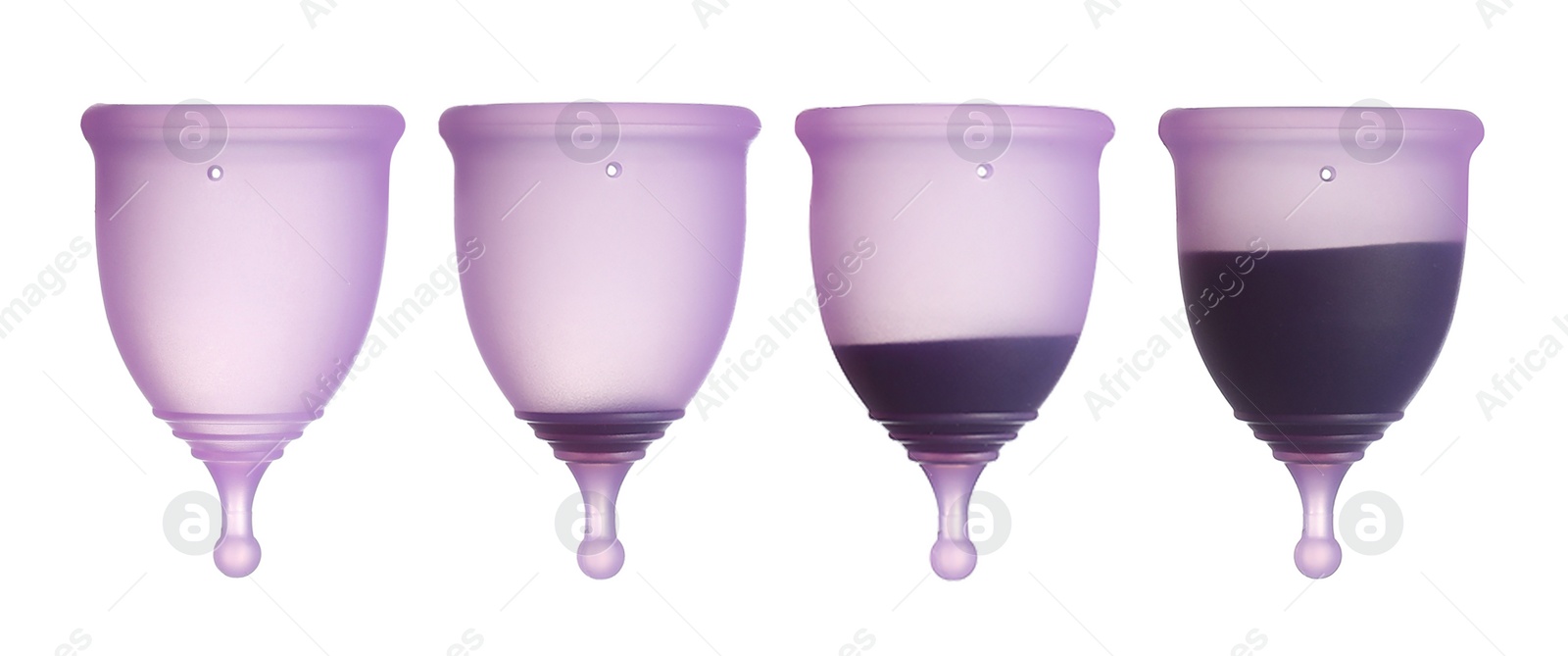 Image of Purple menstrual cups on white background, collage. Banner design