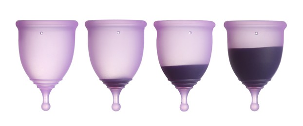 Image of Purple menstrual cups on white background, collage. Banner design