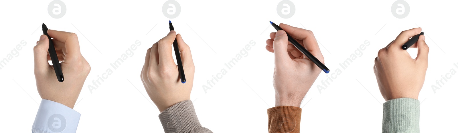 Image of Men holding pens on white background, closeup. Collage design