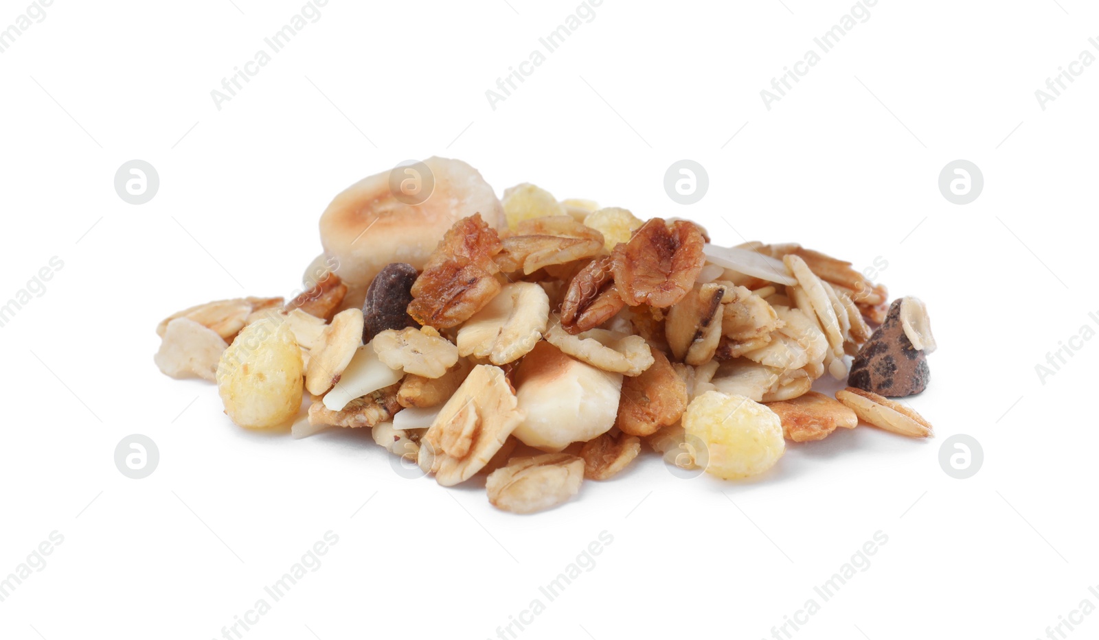 Photo of Pile of granola on white background. Healthy snack